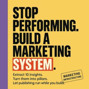 Typographic blog header on bright yellow with purple sidebar reading Stop Performing. Build a Marketing System, with red highlights on SYSTEM and 10 INSIGHTS, focused on marketing infrastructure for founders.