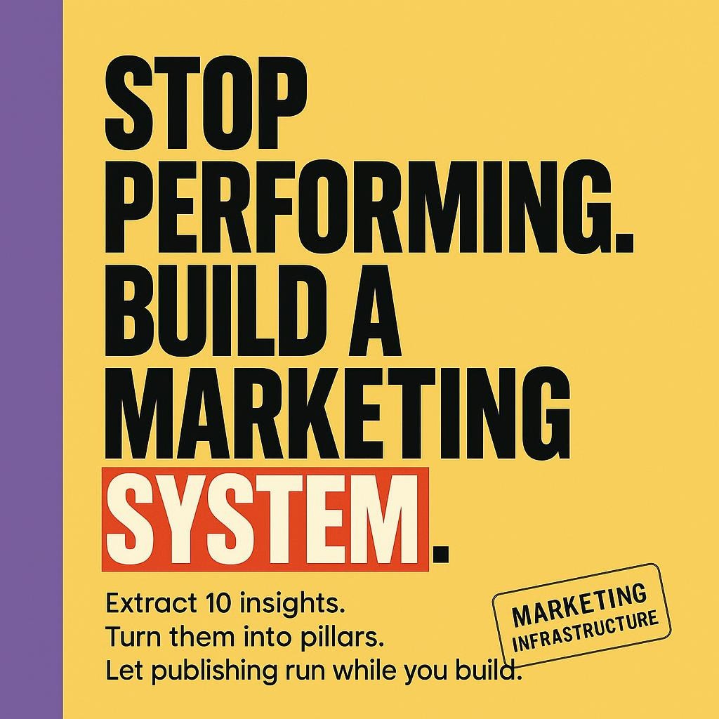 Typographic blog header on bright yellow with purple sidebar reading Stop Performing. Build a Marketing System, with red highlights on SYSTEM and 10 INSIGHTS, focused on marketing infrastructure for founders.