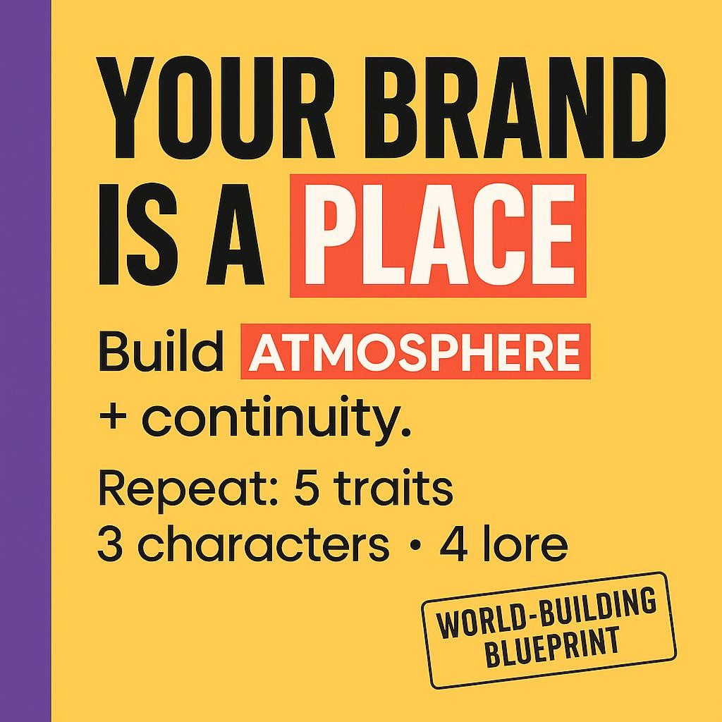 Typographic blog header on yellow with purple sidebar reading Your Brand Is a Place, highlighting Place and Atmosphere, with supporting text about continuity and repeating 5 traits, 3 characters, and 4 lore for multi-platform brand consistency.