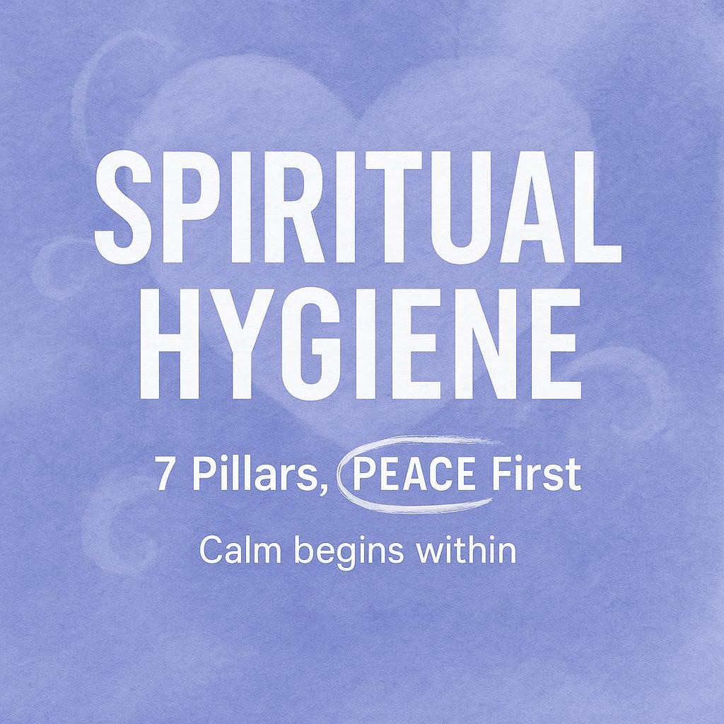 Watercolor typography image on periwinkle blue background reading Spiritual Hygiene and 7 Pillars, Peace First, for a blog about inner peace and spiritual hygiene for healing.