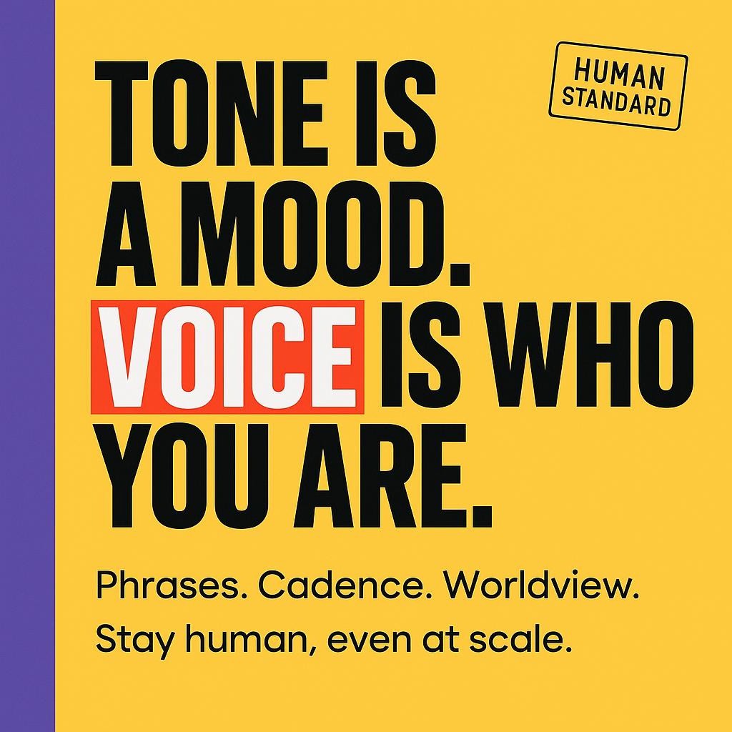 Typographic header on bright yellow background with purple left bar reading Tone is a mood. Voice is who you are, with VOICE highlighted in red, about brand voice vs tone for human-sounding AI content.
