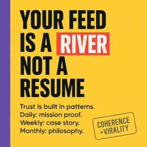 Typographic blog header on yellow with purple sidebar reading Your Feed Is a River Not a Resume, with River highlighted in red, promoting trust through consistent content patterns.