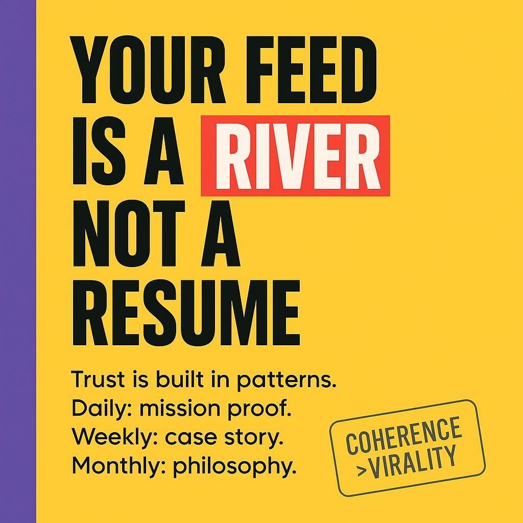 Typographic blog header on yellow with purple sidebar reading Your Feed Is a River Not a Resume, with River highlighted in red, promoting trust through consistent content patterns.