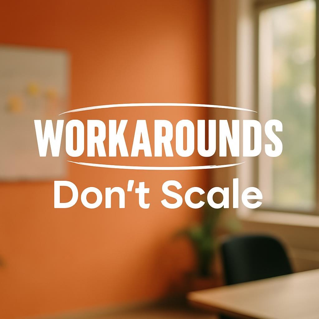 Large centered text reading Workarounds Don’t Scale on a warm orange background with a softly blurred modern office scene, illustrating leadership for stable processes and fewer workarounds.