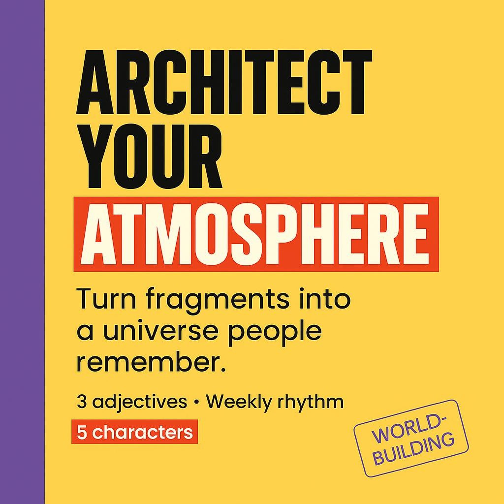 Typographic blog header that reads Architect Your Atmosphere, with Atmosphere highlighted in a red box, on a bright yellow background with a purple left sidebar, representing brand atmosphere, content rhythm, and coherent world-building for founders.