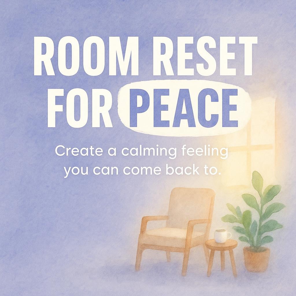 Watercolor typography image reading Room Reset for Peace over a soft blue background with a simple chair, plant, and window glow, symbolizing a feng shui inspired room reset to calm the nervous system.