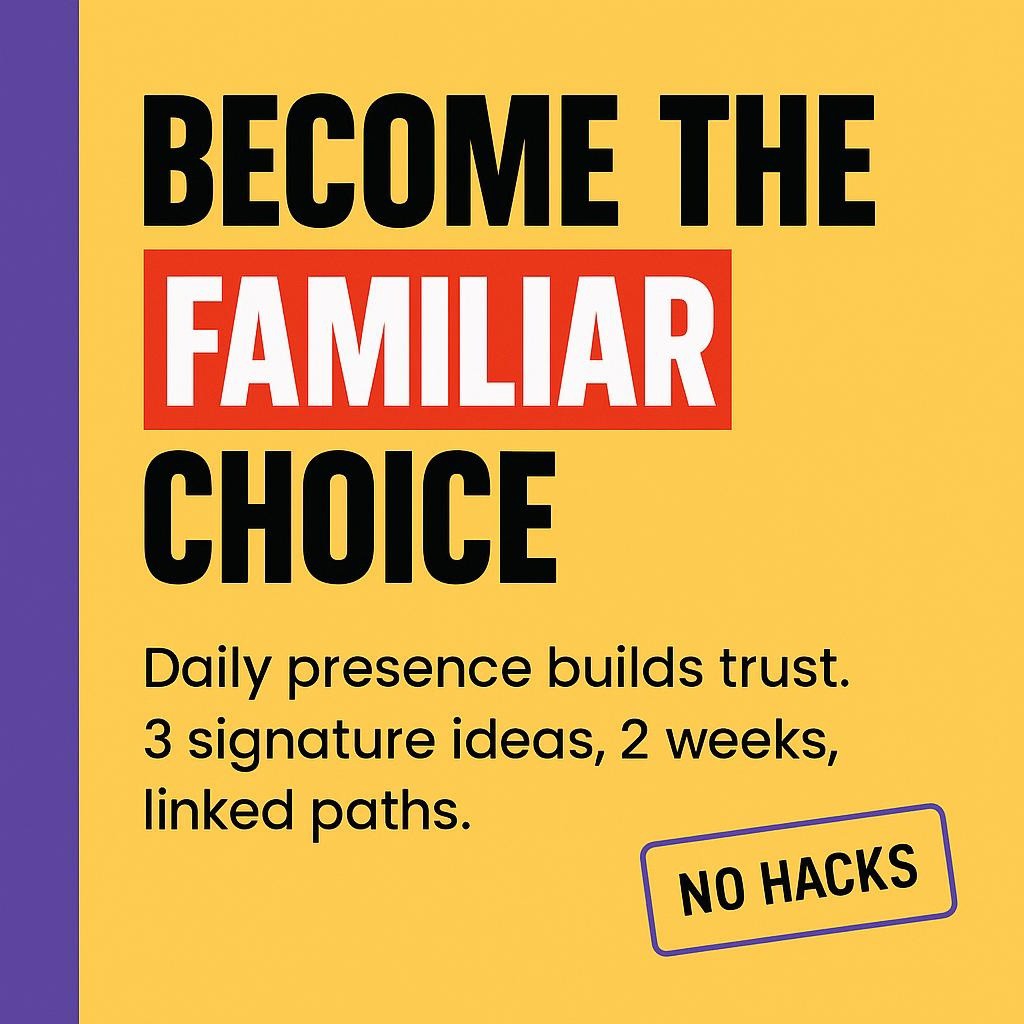 Text-only blog header on bright yellow background with a purple left sidebar reading Become the familiar choice, with FAMILIAR highlighted in a red box, plus supporting lines about daily presence, 3 signature ideas, 2 weeks, and linked content paths.