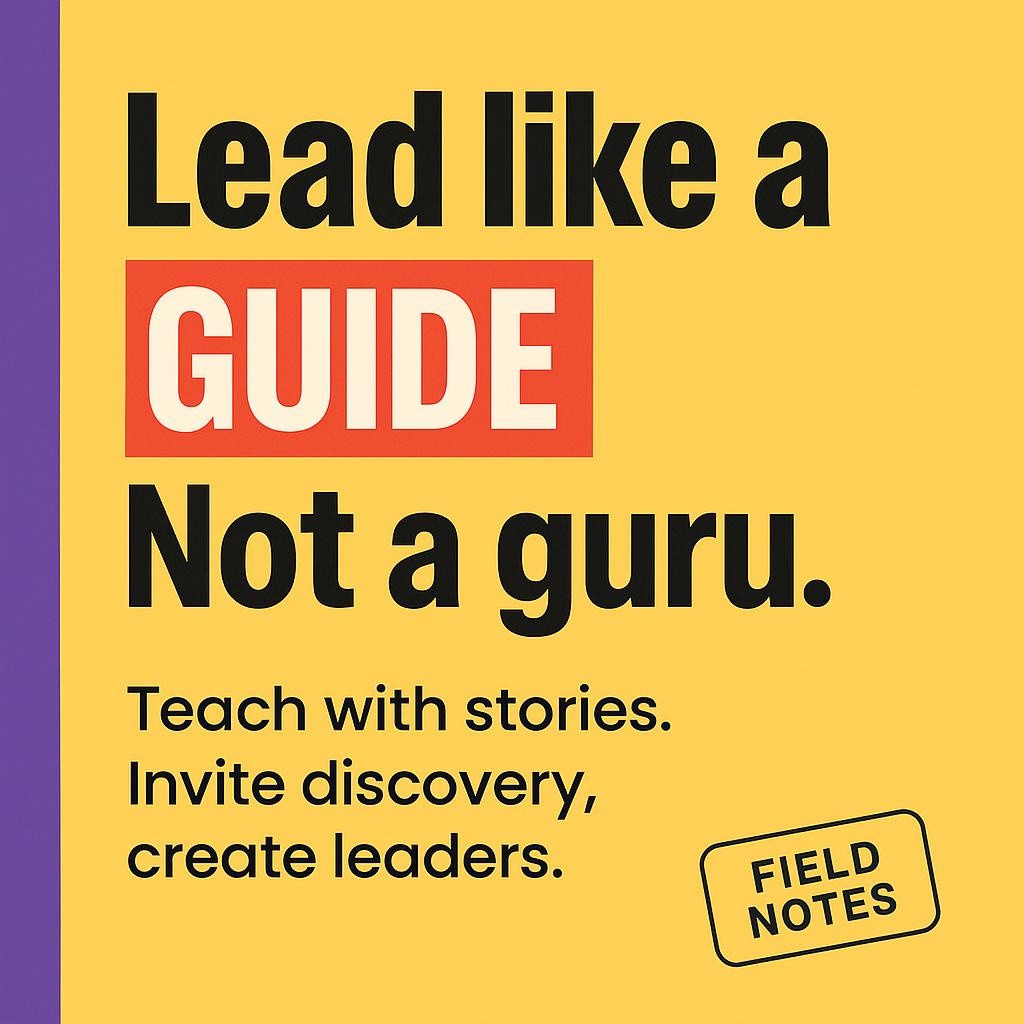 Guide Energy header graphic on bright yellow with purple sidebar and the word GUIDE highlighted in red, message reads Lead like a GUIDE, Not a guru.