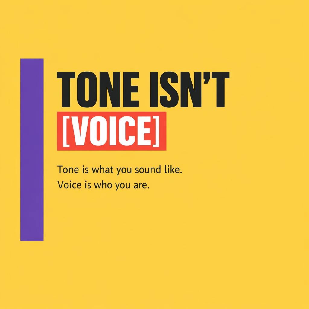 Typography blog header about brand voice vs tone on a bright yellow background with a purple left bar, bold black text Tone isn’t VOICE, VOICE highlighted in a red rectangle, and the line Tone is what you sound like. Voice is who you are.