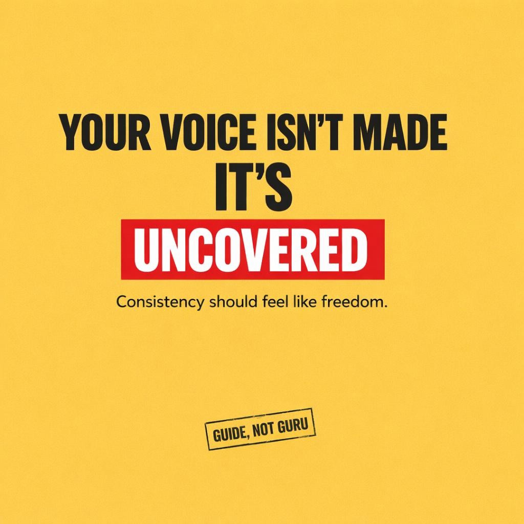 Typography blog header on bright yellow with purple sidebar reading: Your voice isn’t made, it’s UNCOVERED, with UNCOVERED highlighted in a red box, and small stamp text: Guide, not guru.