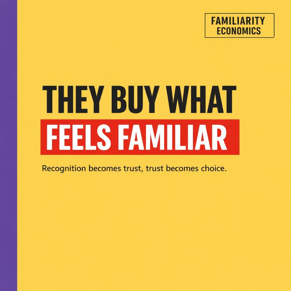 Typography blog header on bright yellow background with a purple left sidebar. Bold black text reads THEY BUY WHAT, with FEELS FAMILIAR highlighted in a red rectangle with white text. Smaller line below says Recognition becomes trust, trust becomes choice.