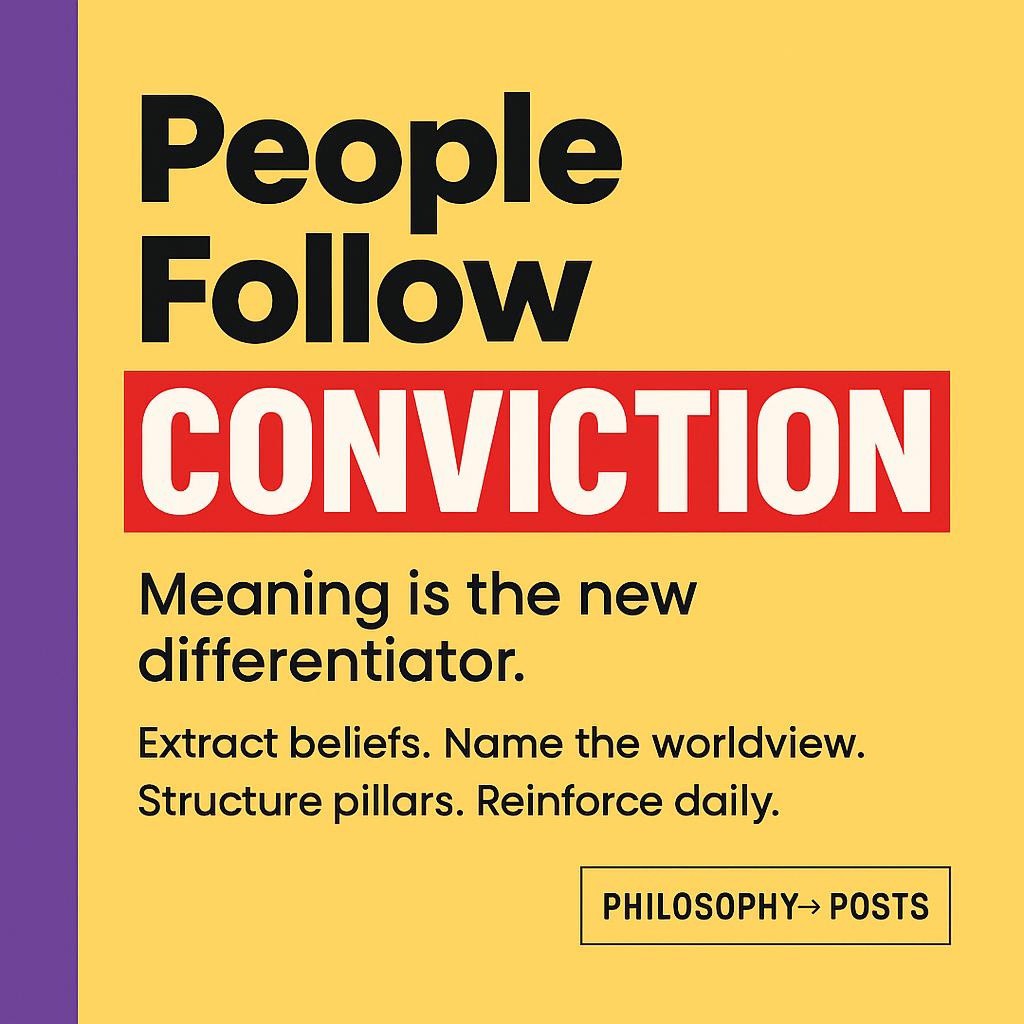 Text-only blog header on bright yellow background with purple left sidebar reading People Follow CONVICTION, with CONVICTION highlighted in a red box, and smaller text about meaning as the differentiator and reinforcing worldview daily.