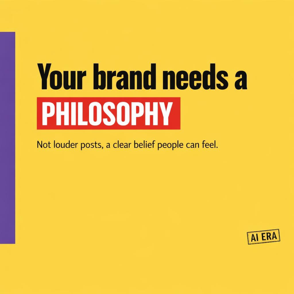 Minimal typography blog header on bright yellow with purple left sidebar, reading Your brand needs a PHILOSOPHY, with PHILOSOPHY highlighted in red and white, and a subline about clear beliefs over louder posts.