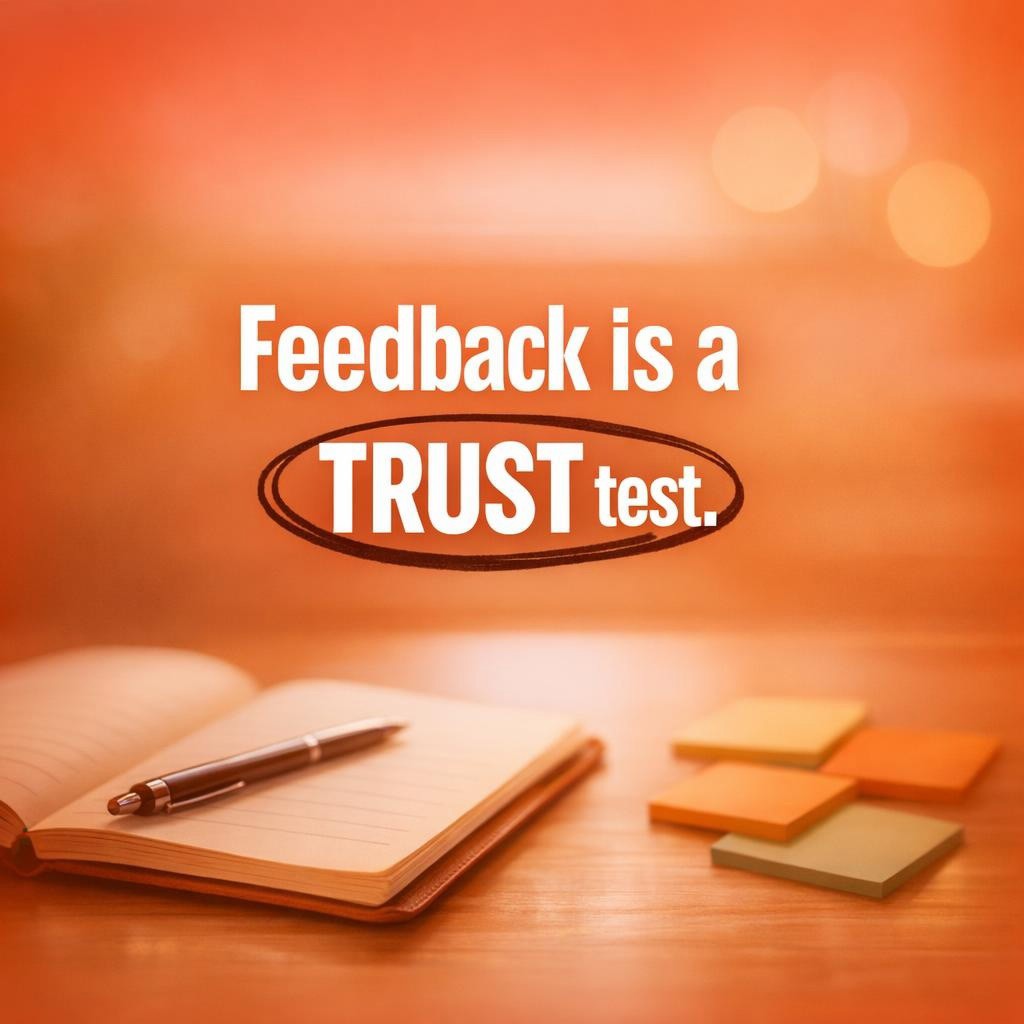 Typography hero image reading Feedback is a TRUST test on a warm orange background, with a blurred notebook, pen, and sticky notes, representing choosing Keep/Stop/Start vs 360 feedback vs journaling.