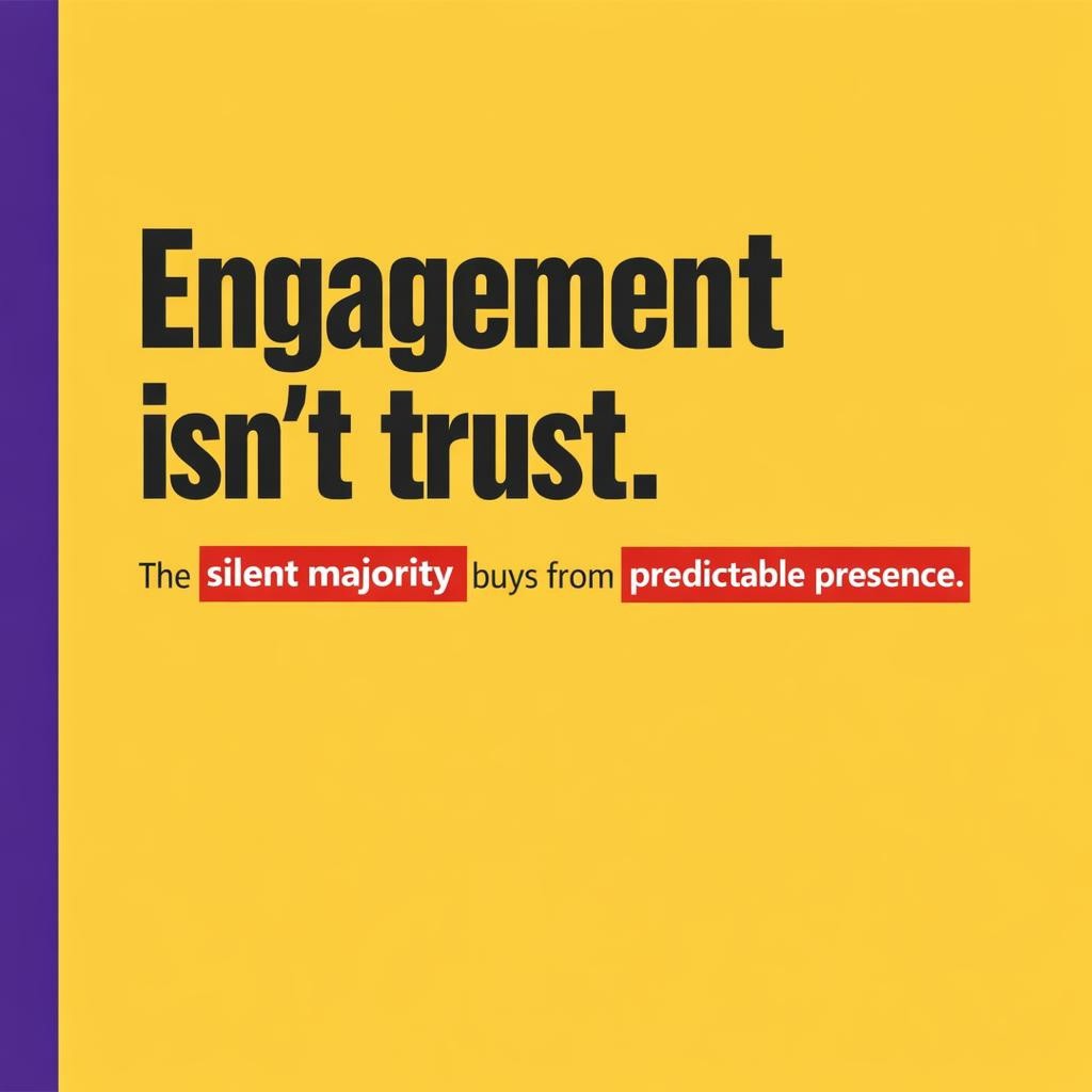 Minimal yellow blog header with purple sidebar reading Engagement isn’t trust, highlighting silent majority and predictable presence in red boxes.
