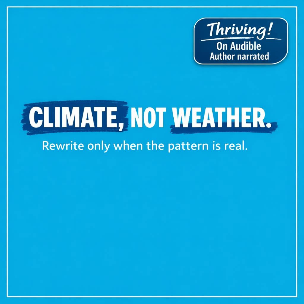 Typography image reads Climate, Not Weather. Rewrite only when the pattern is real, with a badge that says Hear Thriving! On Audible, author narrated.