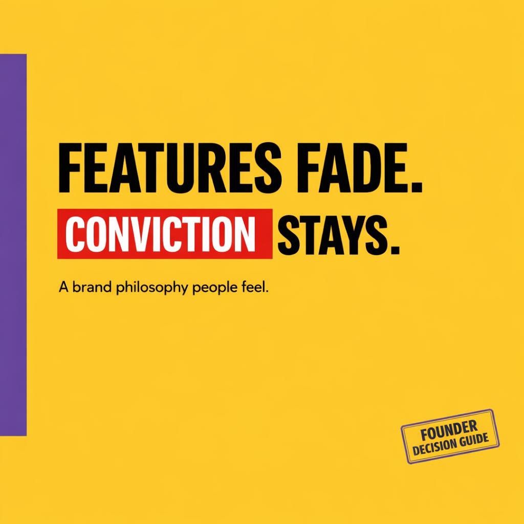 Typography blog header on bright yellow with purple sidebar, text reads Features Fade. Conviction Stays, with Conviction highlighted in red, for a founder guide on brand philosophy vs marketing features.