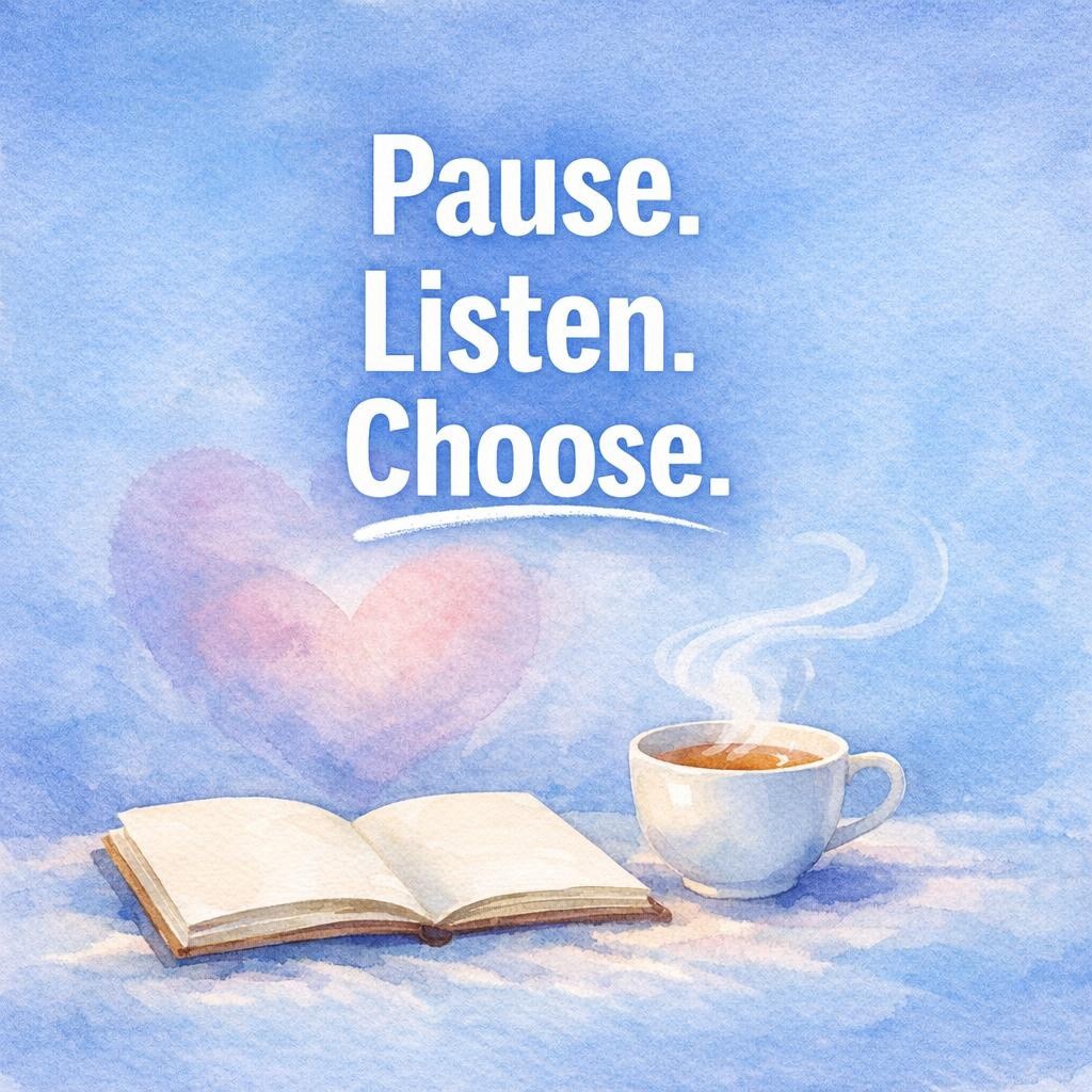 Watercolor blog header with notebook and tea on a soft blue background, showing the words Pause. Listen. Choose. for a 3-minute gut check and weekly self-audit.