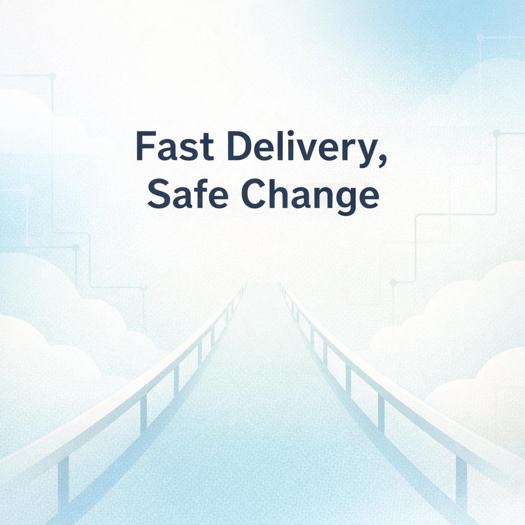 Abstract cloud and architecture graphic highlighting fast delivery and safe change guardrails.