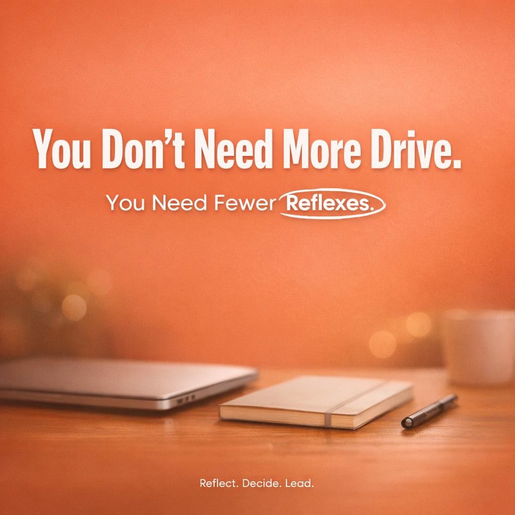 Typography hero image on warm orange background with blurred desk scene and the message You Don’t Need More Drive. You Need Fewer Reflexes with Reflexes highlighted.