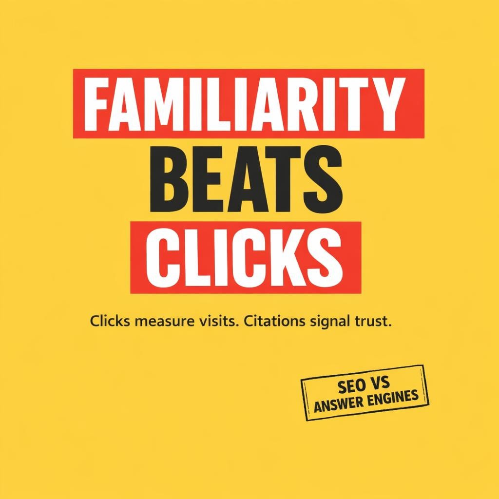 Typography blog header on yellow background with purple sidebar reading Familiarity Beats Clicks, SEO vs answer engines