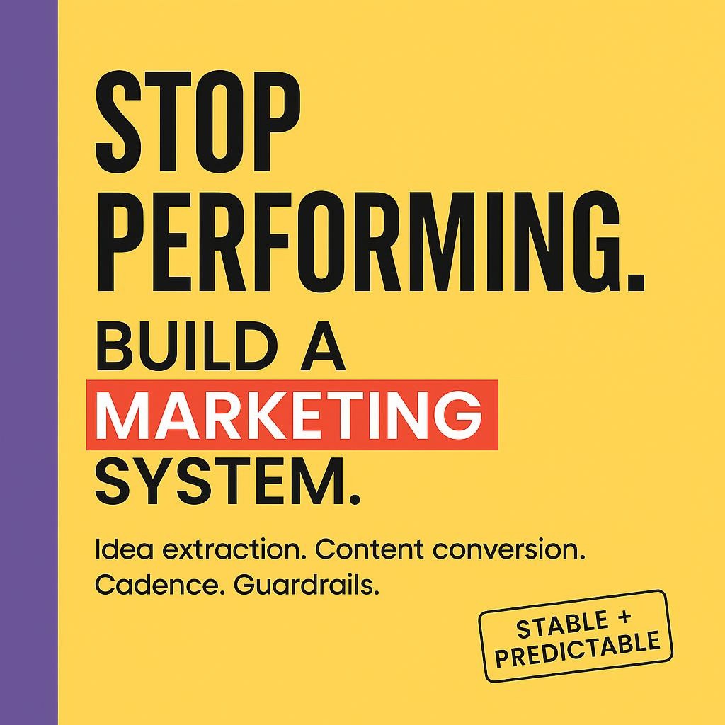 Typographic blog header on bright yellow with a purple left sidebar reading Stop Performing. Build a Marketing System., with Marketing System highlighted in red, plus smaller text about idea extraction, content conversion, cadence, and guardrails.