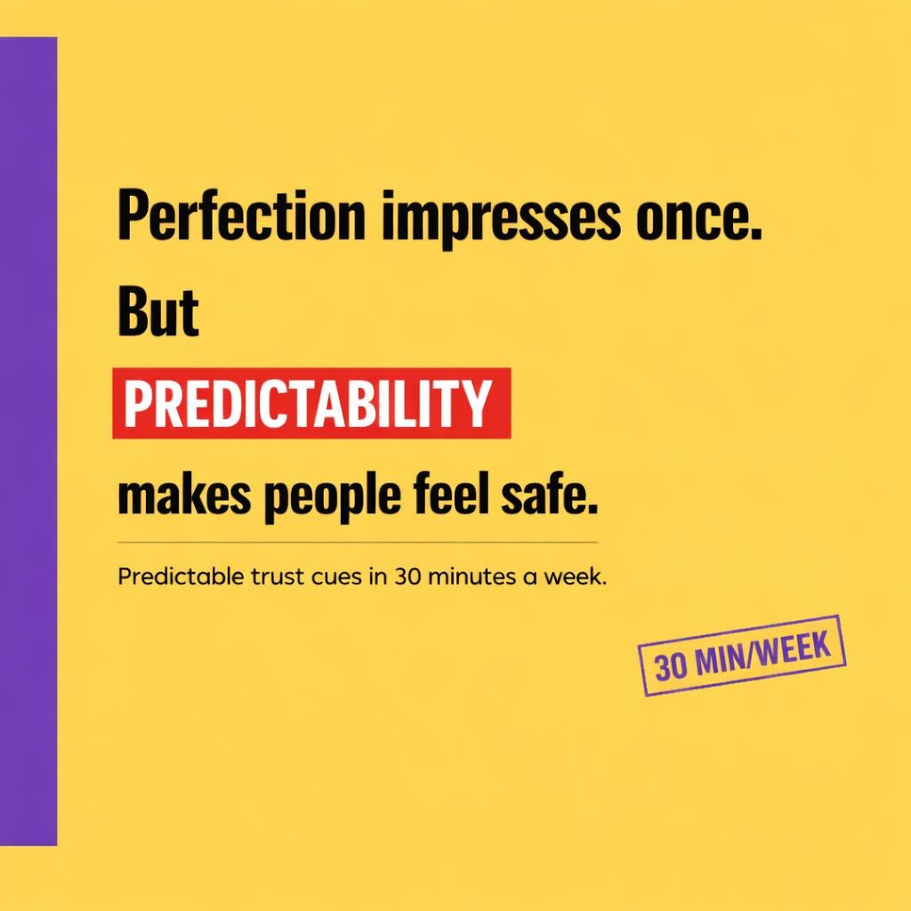Bold typography graphic on bright yellow with purple sidebar and red highlight reading Perfection impresses once. But PREDICTABILITY makes people feel safe, with small text Predictable trust cues in 30 minutes a week.