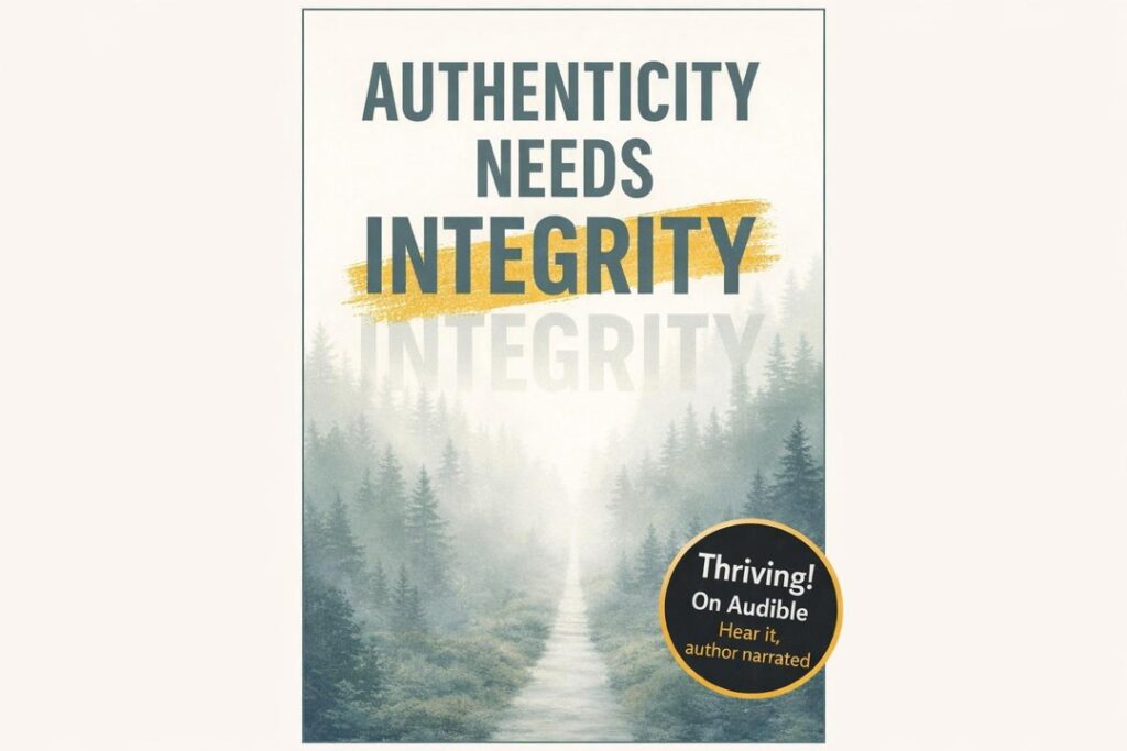 Minimalist path through a misty forest with bold typography about authenticity and integrity.