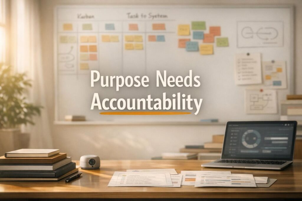 Warm planning desk with sticky notes and blurred Kanban whiteboard, symbolizing purpose with accountability.