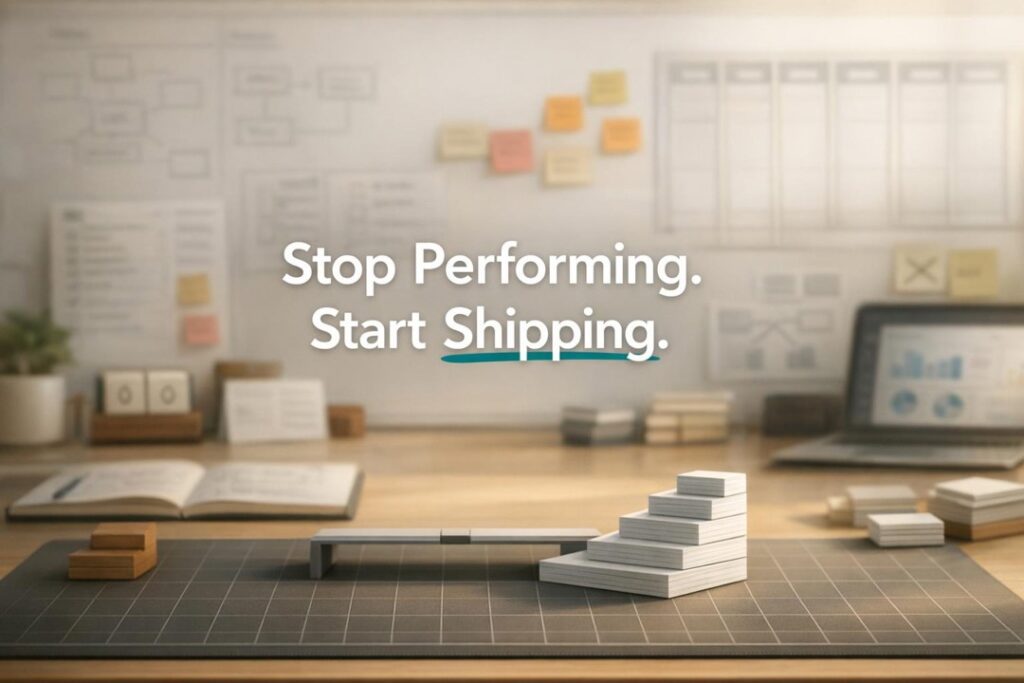 Minimalist planning desk with grid layout and card staircase, symbolizing compounding accountability progress.