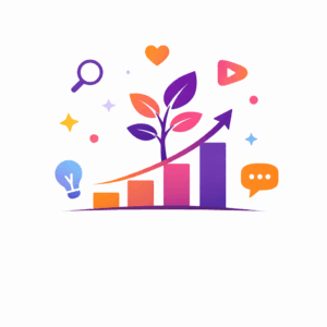 Minimalist illustration of a growing plant emerging from upward bars with icons for search, content, and social interaction, symbolizing organic growth, online visibility, and increasing discoverability across digital platforms.