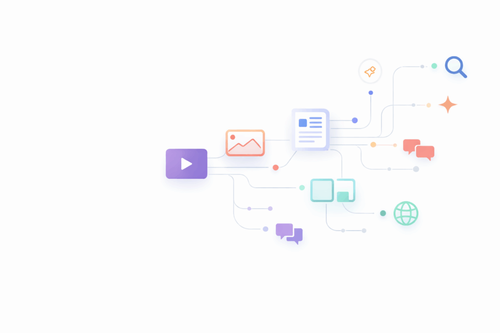 illustration showing videos, images, posts, carousels, and blogs being distributed across search engines, social platforms, and the web, representing automated content publishing and discoverability with inkflare.