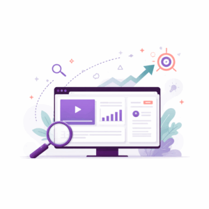 Minimalist illustration of a computer screen with simple charts and a magnifying glass symbolizing increased online visibility and discoverability.