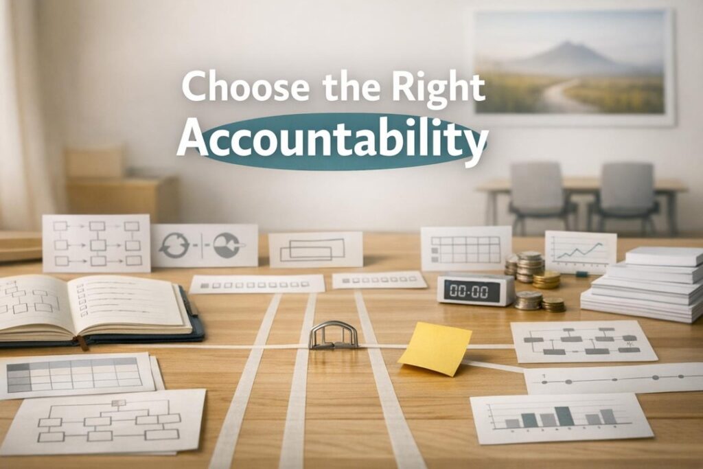 Decision grid comparing body doubling, 1:1 accountability, and mastermind with timer, checklists, and cards.