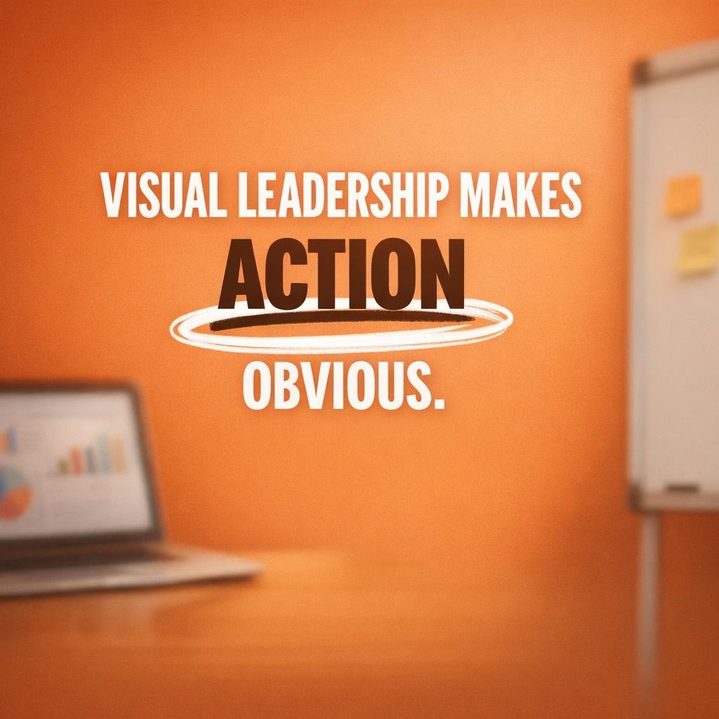 Typography hero image with warm orange background and blurred workspace, reading Visual Leadership Makes ACTION Obvious, for a blog on visual leadership vs visual management and turning dashboards into clear action.