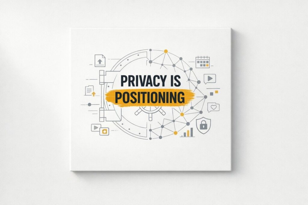 Minimalist canvas with vault-to-network metaphor and headline emphasizing privacy as positioning.