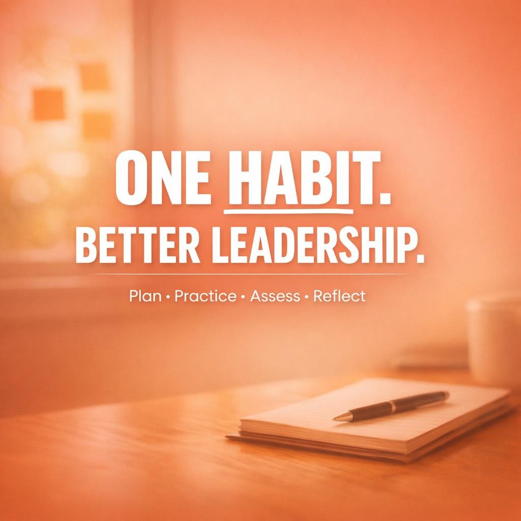 Typography hero image reading ONE HABIT. BETTER LEADERSHIP. with HABIT highlighted, over a warm blurred office background with sticky notes, illustrating a 30-day leadership habit loop using plan practice assess reflect.