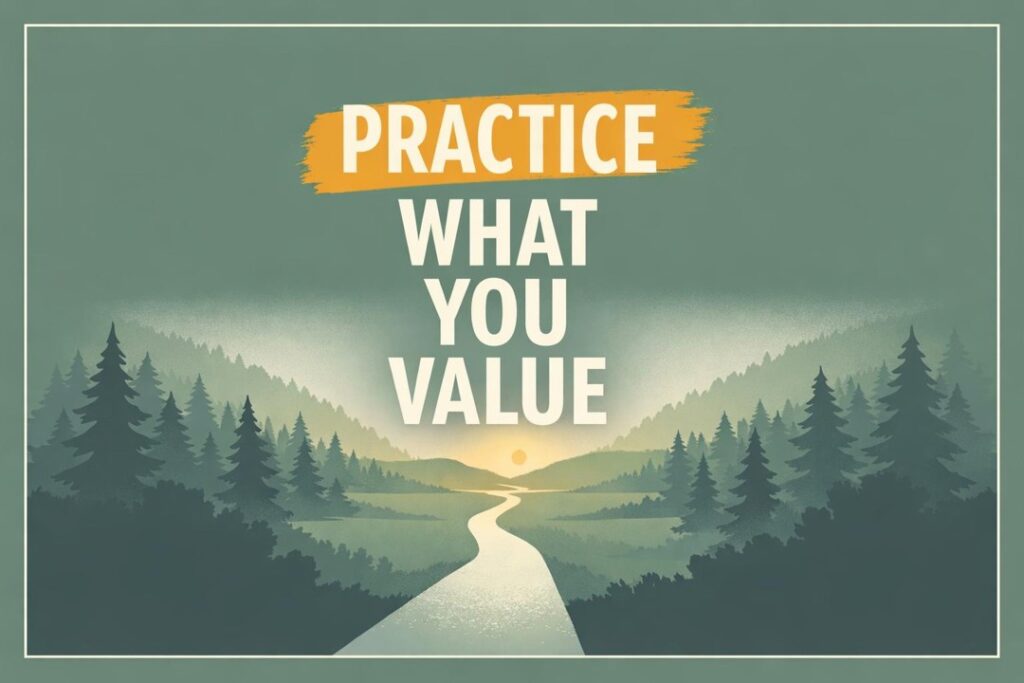 Minimalist forest path emerging from mist into a bright clearing, symbolizing integrity and mindful choices.