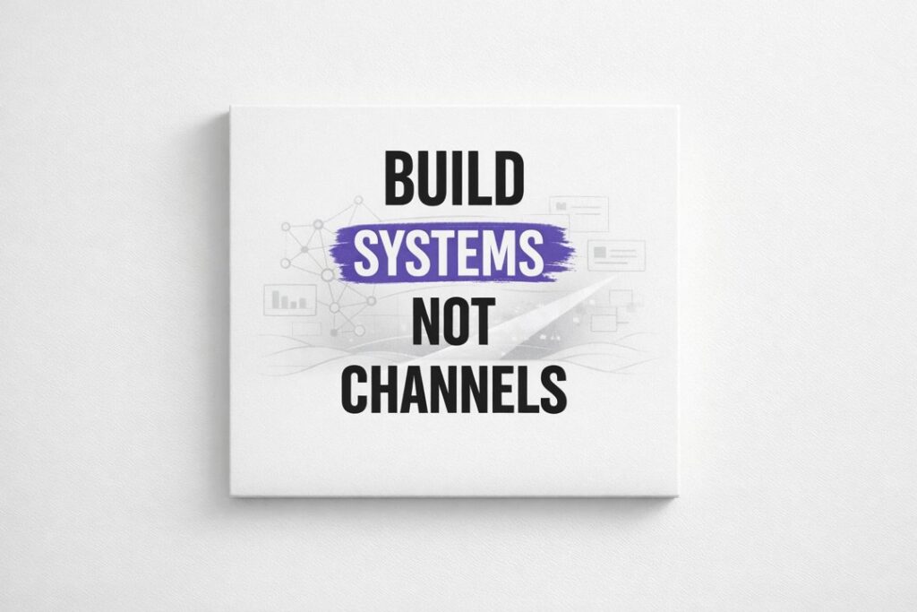 Minimalist cover with network constellation and light beam behind the headline Build Systems Not Channels.
