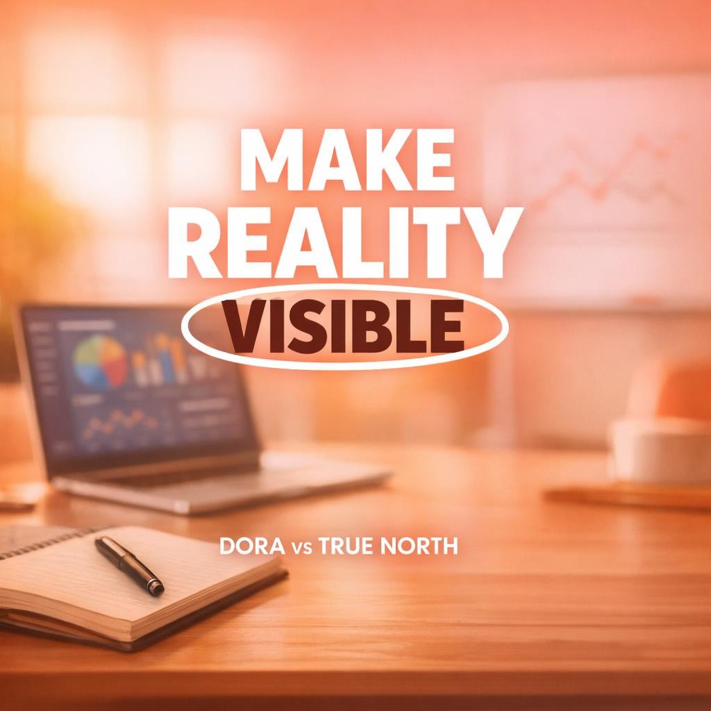 Typography-first blog image that says Make Reality Visible, highlighting reality, for a post comparing DORA metrics vs a True North dashboard for leaders.