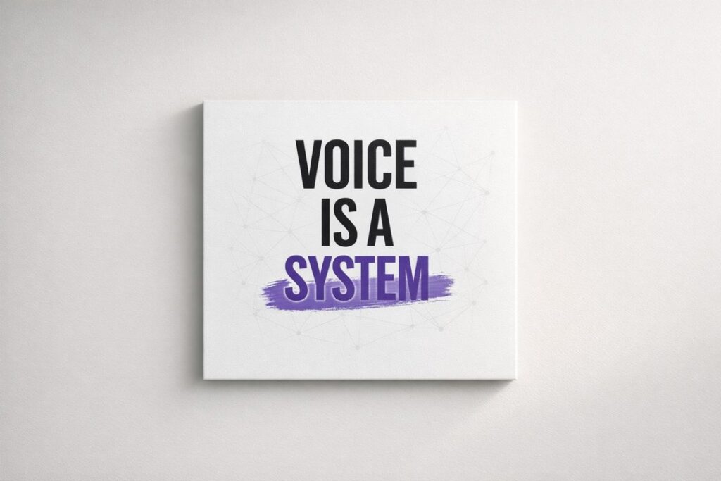 Minimal diagram linking four modules for a brand voice system and consistent messaging.