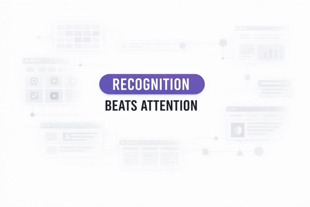 Minimalist cover graphic reading RECOGNITION BEATS ATTENTION with faint abstract feed, search, and analytics shapes.