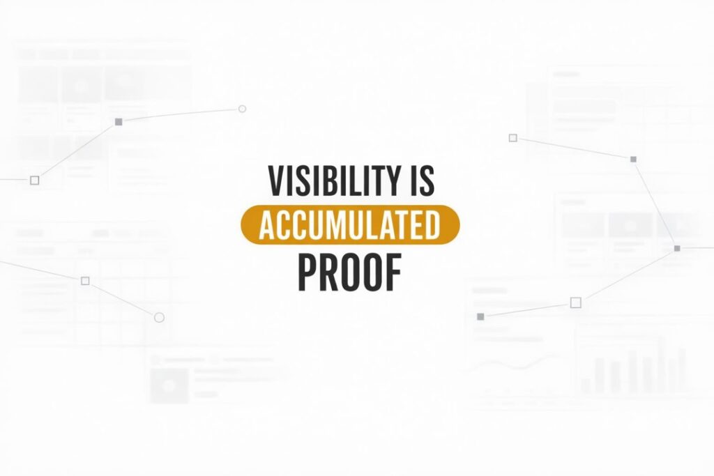 Minimalist graphic suggesting social feeds and connected signals, emphasizing visibility built through accumulated proof.