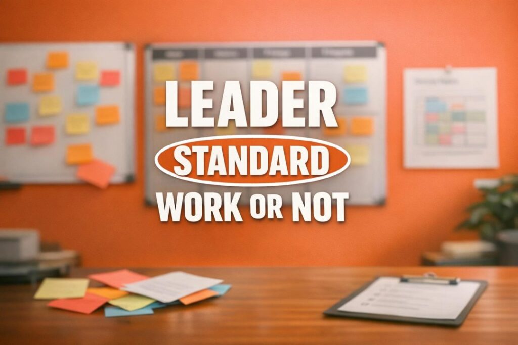 Planning desk with sticky notes and Kanban board symbolizing consistent leadership systems.