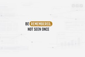 Abstract connected content fragments converging into a central knowledge core, showing repeated visibility building recognition.