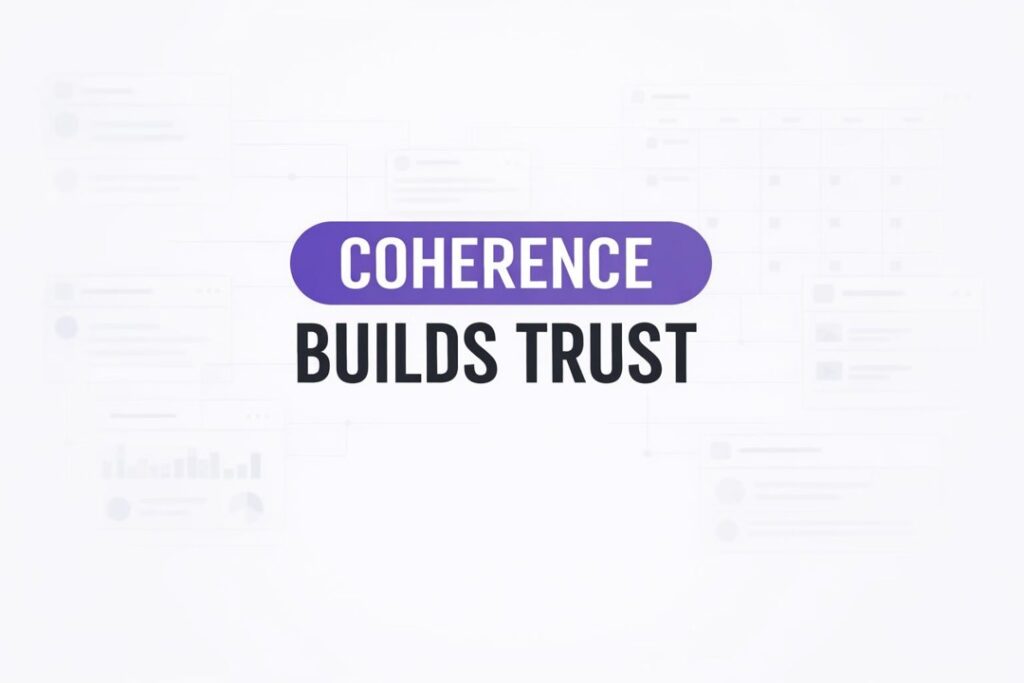 Abstract connected tiles versus scattered tiles showing coherent themes compared to unclear messaging.