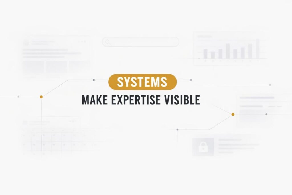 Abstract visual of scattered content tiles becoming a connected networked visibility system.