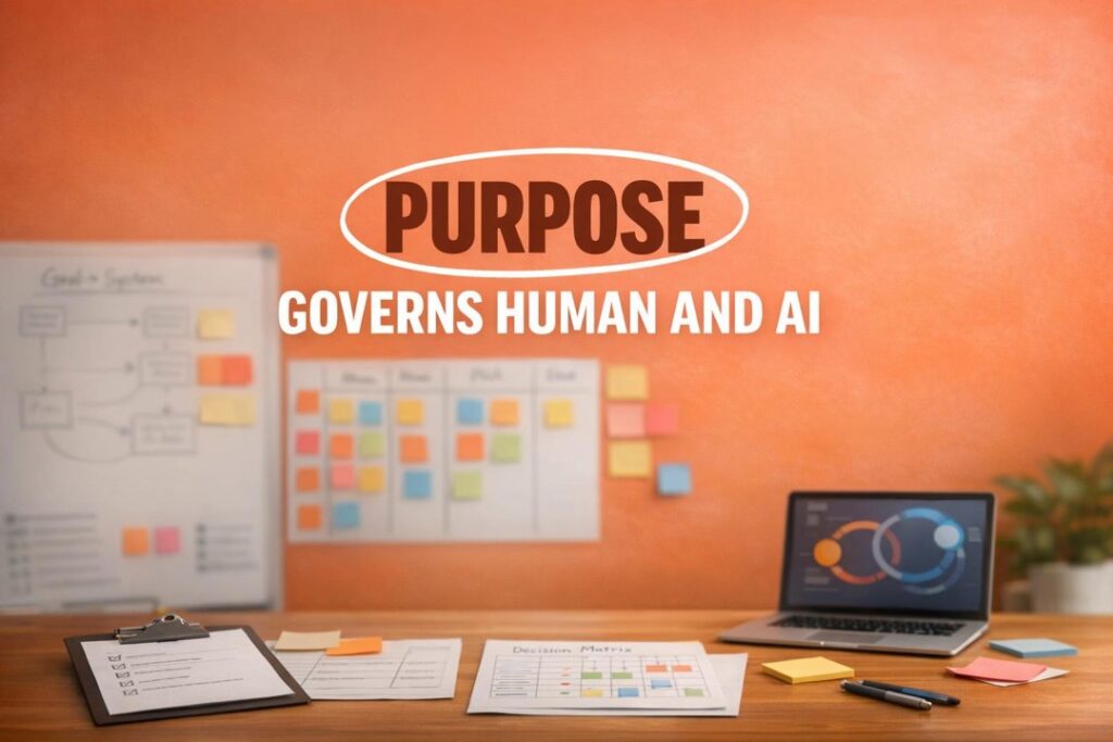 Desk scene in a bright orange workspace: clipboard, charts, and colorful sticky notes on the desk; a laptop shows graphs, and the wall behind reads 'PURPOSE' with 'GOVERS HUMAN AND AI'.