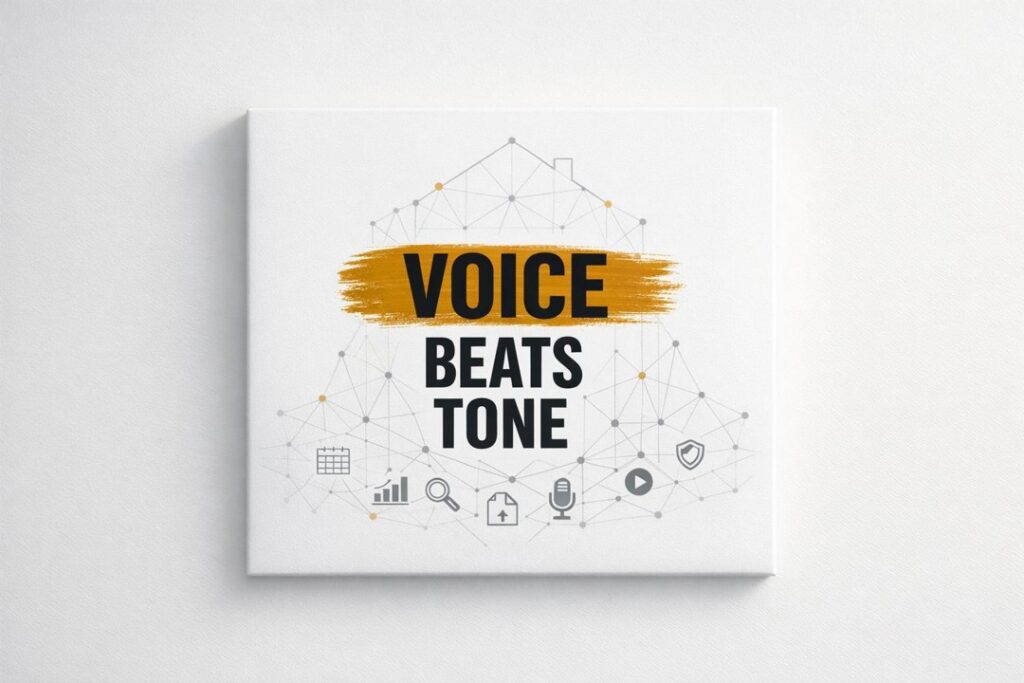 Abstract fragments linking into a stable building-shaped network, with subtle gold accents on white.