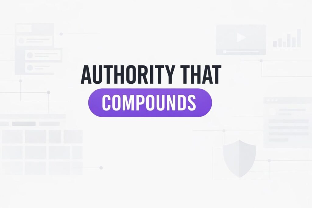 Minimal network diagram linking pillar content to posts, video, search panels, and analytics blocks.